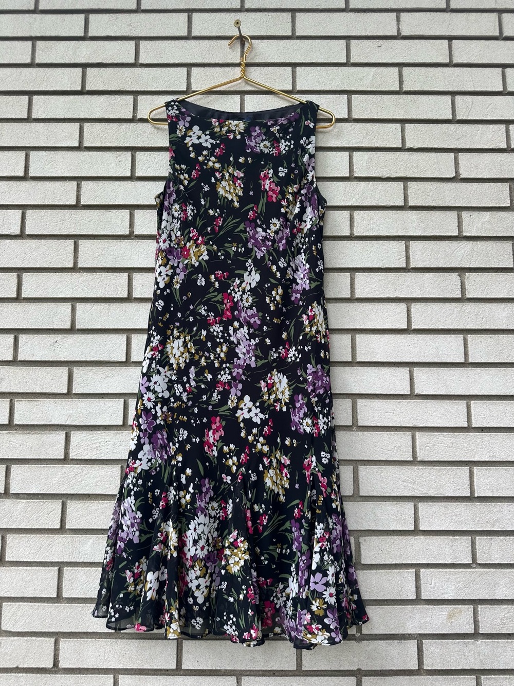 Chaps Black Floral Sleeveless Flounce Hem Midi Dress Purple Pink 16 Preppy